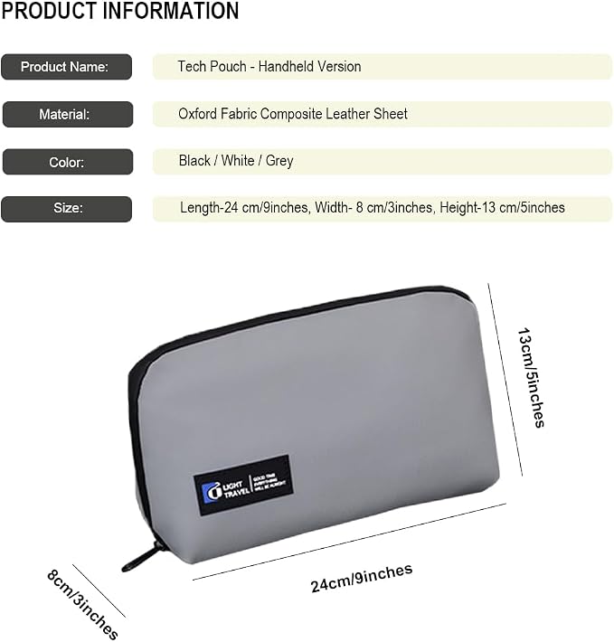 Tech Pouch,Travel Cord Rrganizer Case,Waterproofing Data Cable Storage Bag，9inches*5inches,For Charger, Cables, USB Drive,Phone,Power Bank,MemoryCard(Grey)