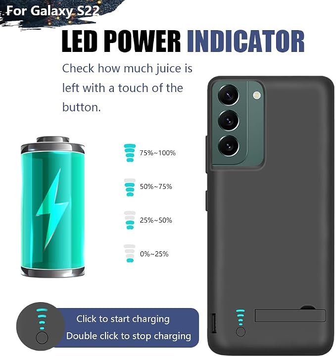 [New Version Battery Case for Samsung Galaxy S22, 4800mAh Rechargeable Extended Battery Charging Charger Case, Add 100% Extra Juice (6.1 Inches) Black