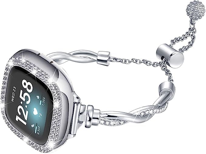 Bling Band Compatible with Fitbit Versa 4/Sense, Fitbit Versa 3/ Sense 2, Double Twist Metal Bangle Bracelet with Rhinestones for (Fitbit Versa 4/Sense 2, Silver)