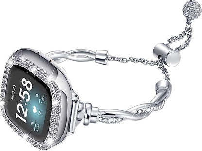 Bling Band Compatible with Fitbit Versa 4/Sense, Fitbit Versa 3/ Sense 2, Double Twist Metal Bangle Bracelet with Rhinestones for (Fitbit Versa 4/Sense 2, Silver)
