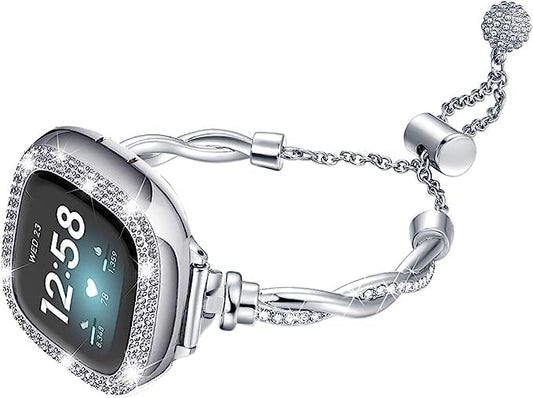 Bling Band Compatible with Fitbit Versa 4/Sense, Fitbit Versa 3/ Sense 2, Double Twist Metal Bangle Bracelet with Rhinestones for (Fitbit Versa 4/Sense 2, Silver)