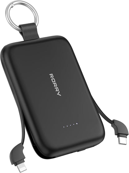 RORRY Portable Charger, 10000mAh PD 30W Fast Charging Portable Charger Power Bank with Built-in Cables, Travel Keychain Charger Battery Pack for iPhone 17/16/15/14/13/12, for AirPods 2/3/4/Pro, Black