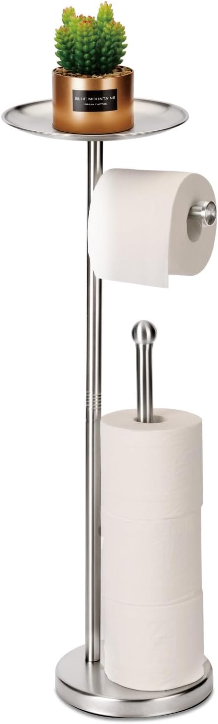 Toilet Paper Holder Stand with Phone Shelf, Holds 5 Rolls, Free Standing TP Roll Holder for Bathroom, Practical Shelf on Top for Phone, Wet Wipes, Potted Plant (Brushed Nickel)