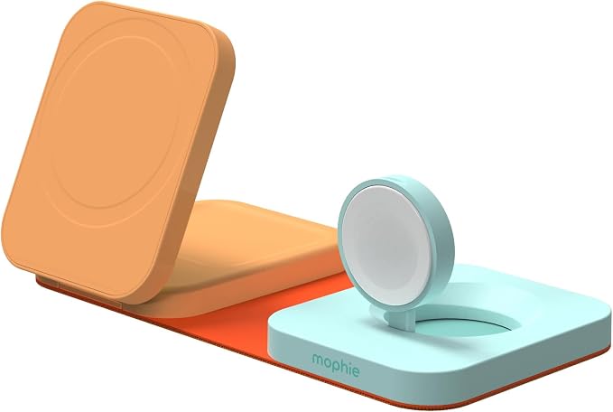 Mophie 3-in-1 Travel Charger with MagSafe for iPhone 17/16/15/14/13/12, Apple Watch, & AirPods – 15W Fast Wireless Charging Station – Premium Foldable Design with Travel Case & Adapters – Orange/Teal