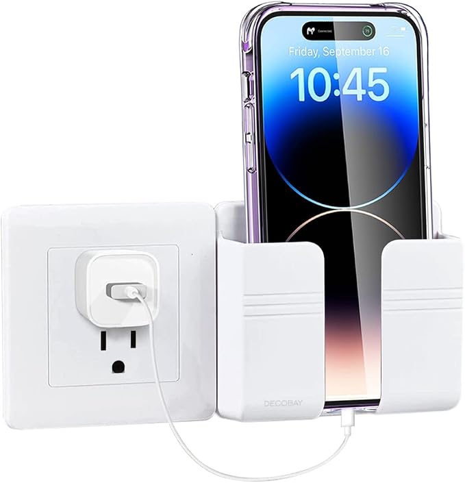 2 Pack Wall Phone Holder, Adhesive Phone Wall Mount with Cable Hole, Bathroom Bedside Kitchen RV Phone Holder Compatible with iPhone, Android Phones and Remote Controls (White)
