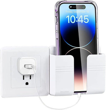 Wall Phone Holder, Adhesive Phone Wall Mount with Cable Hole, Bathroom Bedside Kitchen RV Phone Holder Compatible with iPhone, Android Phones and Remote Controls (White)