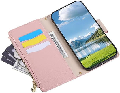 Leather Case for iPhone 17/17 Pro/17 Air/17 Pro Max, Zipper Bag Wallet Flip Cover Stand Function Shoulder Strap All-Round Shockproof Shell,17pro max,White