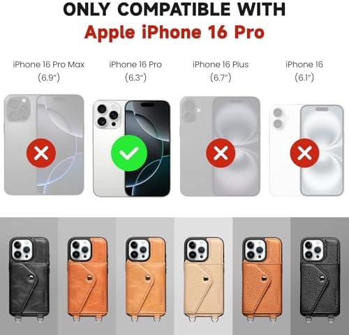 LUCKYCOIN for iPhone 16 Pro Crossbody Wallet Case – Genuine Leather Phone Purse with Adjustable Strap and Card Holder,Lanyard Phone Purse Case for Women,Pebble Grain Beige