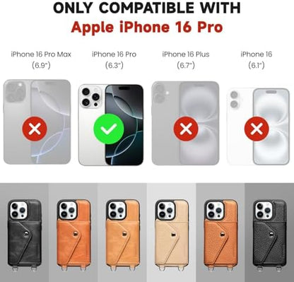 LUCKYCOIN for iPhone 16 Pro Crossbody Wallet Case – Genuine Leather Phone Purse with Adjustable Strap and Card Holder,Lanyard Phone Purse Case for Women,Pebble Grain Beige