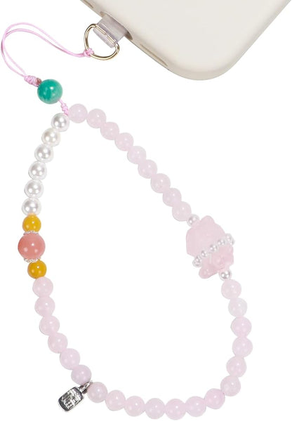 TEAMOLA Natural Stone Phone Charm, Handmade Crystal Cellphone Chain for Universal, Beaded Healing Anti Theft Phone Wrist Strap with Tether Tab, Rose Quartz & Amazonite & Yellow Agate & Shell Beads