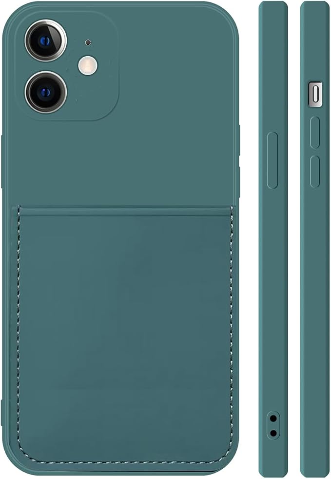 Ultra Slim Liquid Silicon Gel Case Compatible for iPhone 12 mini 5.4 inch 2020 with Card Holder Sleeves Slot Anti-Scratch Shockproof Wallet Cover with Screen Protector (Pine Green)