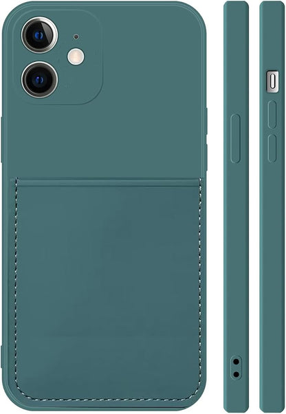 Ultra Slim Liquid Silicon Gel Case Compatible for iPhone 12 mini 5.4 inch 2020 with Card Holder Sleeves Slot Anti-Scratch Shockproof Wallet Cover with Screen Protector (Pine Green)