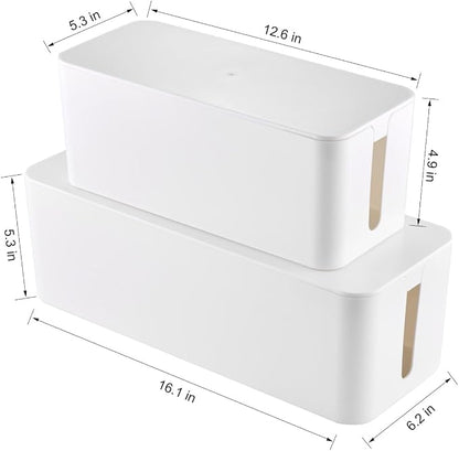 Cable Management Box, 2 Pack Large & Medium Cable Organizer Box with 17 PCS Cable Management Set, Cord Organizer Box to Hide Surge Protector on Desk or Floor (White)