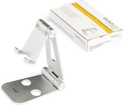 StarTech.com Phone and Tablet Stand - Foldable Universal Mobile Device Holder for Smartphones & Tablets Adjustable Multi-Angle Ergonomic Cell Phone Stand for Desk Portable, 4in to 13in (USPTLSTND)