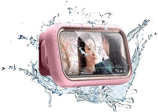Shower Phone Holder Waterproof - 360° Bathroom Wall Phone Mount Stand Water Proof Anti Fog Case, Suitable for Phones Under 7 inches(Gold Pink)
