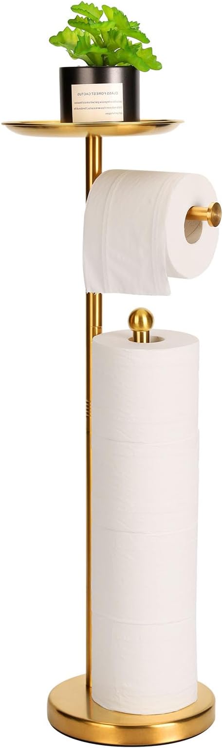 Standing Toilet Paper Holder Gold, TP Holder with 6.7" Phone Shelf, Holds 5 Rolls, Stainless Steel (Gold)