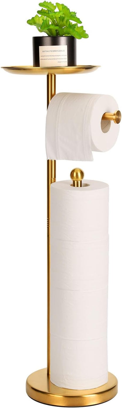Standing Toilet Paper Holder Gold, TP Holder with 6.7" Phone Shelf, Holds 5 Rolls, Stainless Steel (Gold)
