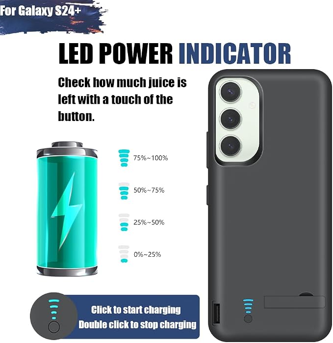 Battery Case for Samsung Galaxy S24+ / S24 Plus, 5000mAh Rechargeable Extended Battery Charging Charger Case, Add 100% Extra Juice, Not Compatible with S24 or S24 Ultra (6.7 inch) Black