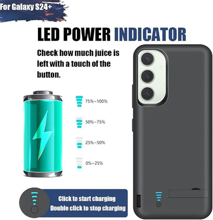 Battery Case for Samsung Galaxy S24+ / S24 Plus, 5000mAh Rechargeable Extended Battery Charging Charger Case, Add 100% Extra Juice, Not Compatible with S24 or S24 Ultra (6.7 inch) Black
