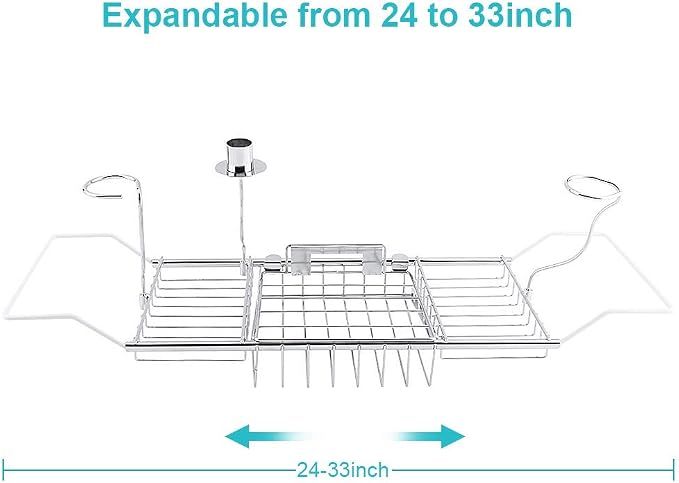 Bath Tray for Tub, Adjustable Bathtub Caddy Tray with Extending Side, Metal Bathtub Shelf Expandable Storage Rack Organizer with Wine Glass and Phone Holder for Home Bathroom Luxury Bathing, Silver