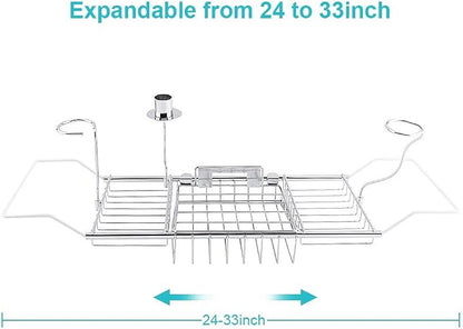 Bath Tray for Tub, Adjustable Bathtub Caddy Tray with Extending Side, Metal Bathtub Shelf Expandable Storage Rack Organizer with Wine Glass and Phone Holder for Home Bathroom Luxury Bathing, Silver