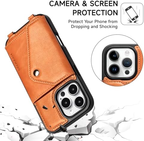 LUCKYCOIN for iPhone 16 Pro Crossbody Wallet Case – Genuine Leather Phone Purse with Adjustable Strap and Card Holder,Lanyard Phone Purse Case for Women,Vintage Brown