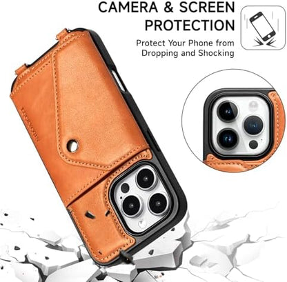 LUCKYCOIN for iPhone 16 Pro Crossbody Wallet Case – Genuine Leather Phone Purse with Adjustable Strap and Card Holder,Lanyard Phone Purse Case for Women,Vintage Brown