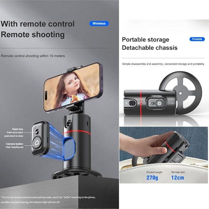 MQOUNY Auto Tracking Phone Holder,360° Rotation Phone Camera Mount Smart Shooting Tracking Holder with Remote Selfie Stick for iPhone Android Stabilizer Shooting Live,No App,Rechargeable