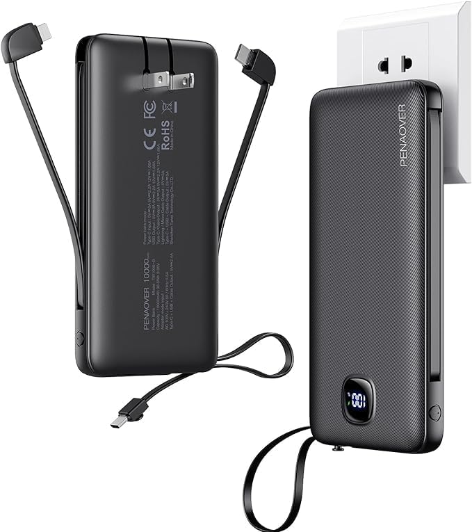 penaover Portable Charger with Built-in Cables&AC Wall Plug,Slim 10000mAh 22.5W Fast Charging Power Bank,5 Output 2 Input USB-C External Battery Pack Compatible with iPhones,Android,Samsung, etc