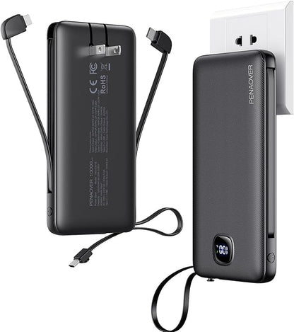 penaover Portable Charger with Built-in Cables&AC Wall Plug,Slim 10000mAh 22.5W Fast Charging Power Bank,5 Output 2 Input USB-C External Battery Pack Compatible with iPhones,Android,Samsung, etc
