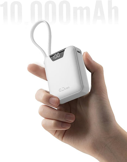 M1 Mini Portable Charger, 10000mAh Ultra-Compact Power Bank, 22.5W PD Fast Charging, Tpye-C Built-in Cable, Small External Battery Pack for iPhone, Samsung, Android iPad (White)