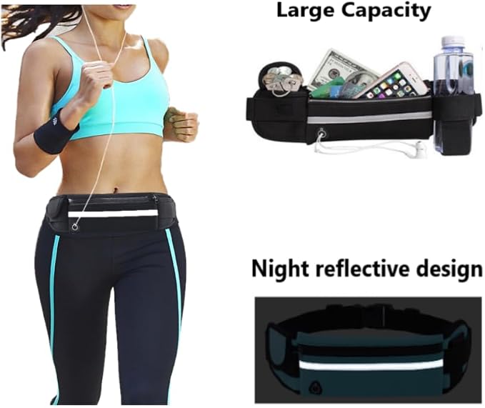 Running Belt 2 Pack – No Bounce Waterproof Fanny Pack for Men & Women, Slim Waist Pack with 3 Pockets, Reflective Running Belt for Phone, Jogging, Hiking, Travel, Workout