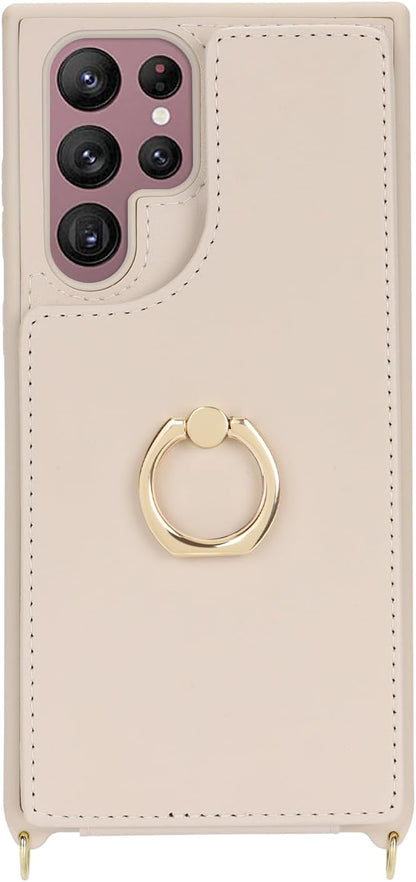 Lipvina for Samsung Galaxy S22 Ultra Case with Card Holder and Strap for Women,Crossbody Lanyard,RFID Blocking,Stand Ring Kickstand,Snap Clasp,Phone Wallet Cases 6.8 inch(Beige)