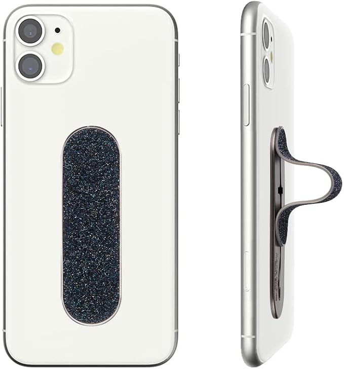 Momostick Flatstick, Cell Phone Finger Grip Strap Holder for Hand, Cell Phone Stand, New Slim Finger Loop Selfie Grip Compatible with Most Smartphones - Glitter Navy