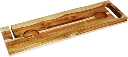 EcoDecors Eleganto 30" Live Edge Solid Teak Bath Caddy Tray with Handle, Book & Tablet Holder, Wine Glass Holders, Luxury Bathtub Tray