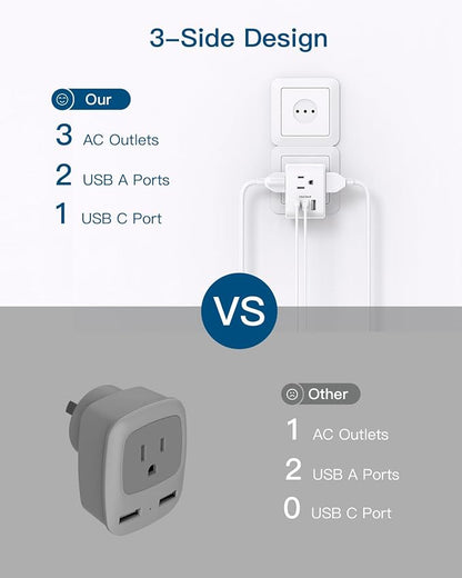 2 Pack Italy Travel Plug Adapter, Type L Italy Power Adapter | 3 Outlets 3 USB Ports(1USB C), 3 Prong Grounded Outlet Adaptor, Travel Plug Converter for USA to Italy Chile Uruguay Italian