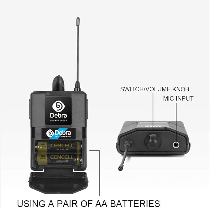 Debra Audio Pro UHF 4 Channel Wireless Microphone System with Cordless Handheld Lavalier Headset Mics, Metal Receiver, Ideal for Karaoke Church Party (with 4 Bodypack (A))
