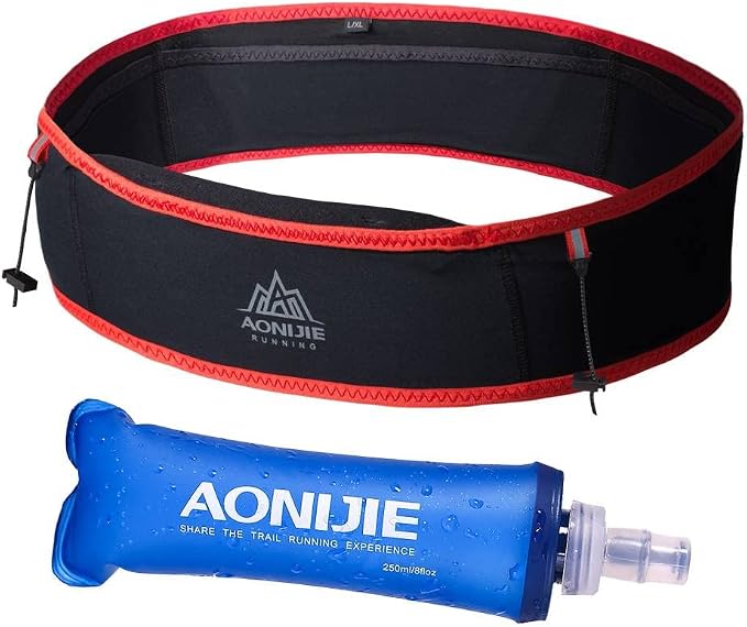 AONIJIE Running Belt Fanny Pack with 250ml Soft Water Bottle Flask for Women Men, Moisture Wicking Waist Pack Great for Marathon Climbing Jogging Cycling, for 6.8in Mobile Phone (Black Red: L/XL)