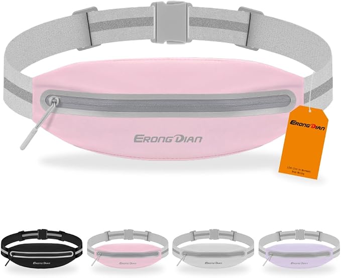 Water Resistant Fanny Pack, Slim Running Belt for Women Men, Zipper Pocket Waist Bag, Running Phone Holder for iPhone 17 16 15 Samsung, Reflective Running Pouch for Walking Cycling - Pink