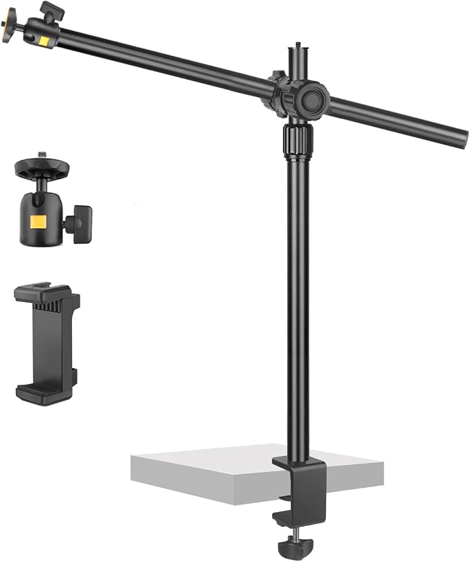 Camera Desk Mount Webcam Stand with Overhead Articulating Magic Boom Arm 1/4" Ball Head for DSLR Tripod, Adjustable Light Stand, Tabletop C Clamp for Ring Light Photo Video Shooting Live Streaming