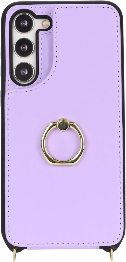 Lipvina for Samsung Galaxy S22 Case with Card Holder and Strap for Women,Crossbody Lanyard,RFID Blocking,Ring Stand,Snap Clasp,Phone Wallet Cases 6.1 inch(Purple)