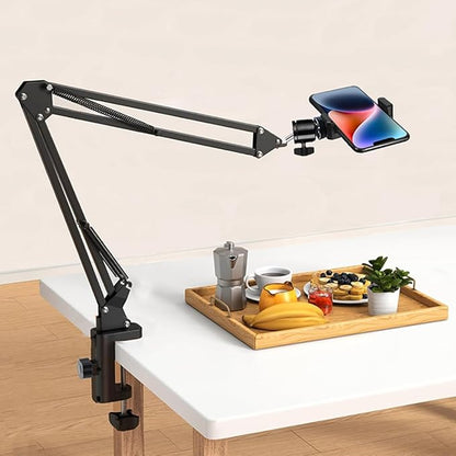 Overhead Tripod Mount for Camera Webcam Ring Light, Over Head Articulating Arm with Phone Holder and Ball Head, Desktop Suspension Scissor Accessory for Live Streaming,Video Recording