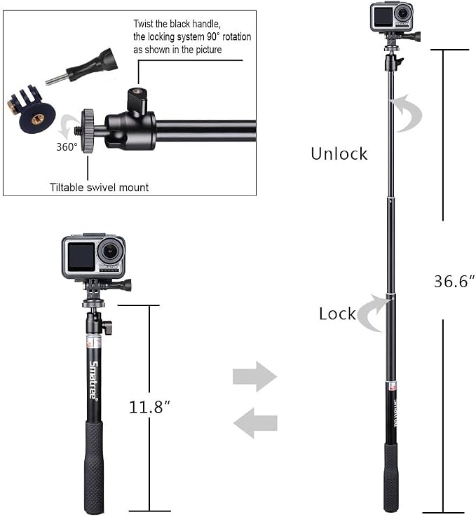 Smatree Telescoping Selfie Stick with Tripod Compatible for Insta360 X5, for GoPro Hero 13/12/11/10/9/8/7/6/5, for OSMO 5 Pro/4/3/Ricoh Theta, Compact Camera and Phone