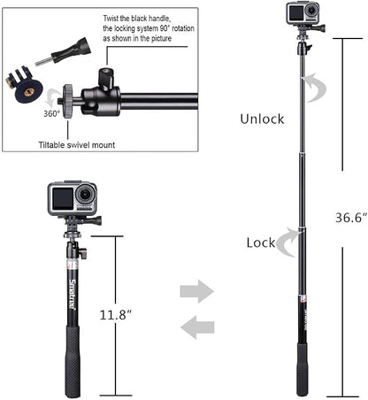 Smatree Telescoping Selfie Stick with Tripod Compatible for Insta360 X5, for GoPro Hero 13/12/11/10/9/8/7/6/5, for OSMO 5 Pro/4/3/Ricoh Theta, Compact Camera and Phone