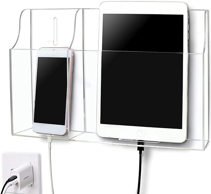 Clear Wall Tablet Holder Acrylic Wall Mounted Phone Holder for iPad, Remote Control Holder Laptop Stand for eReader Storage Caddy with Charging Holes for Kindle iPhone