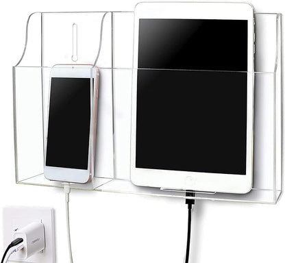 Clear Wall Tablet Holder Acrylic Wall Mounted Phone Holder for iPad, Remote Control Holder Laptop Stand for eReader Storage Caddy with Charging Holes for Kindle iPhone