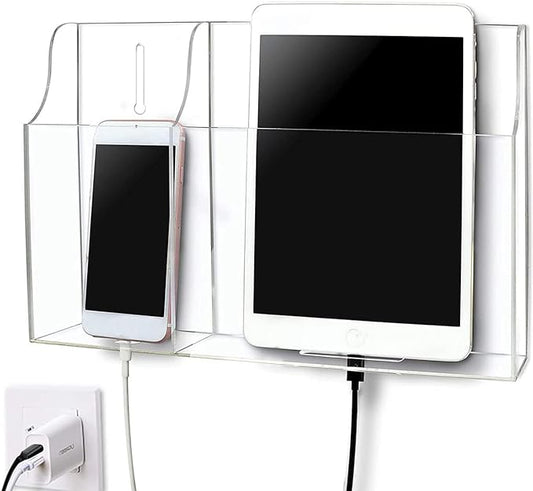 Clear Wall Tablet Holder Acrylic Wall Mounted Phone Holder for iPad, Remote Control Holder Laptop Stand for eReader Storage Caddy with Charging Holes for Kindle iPhone