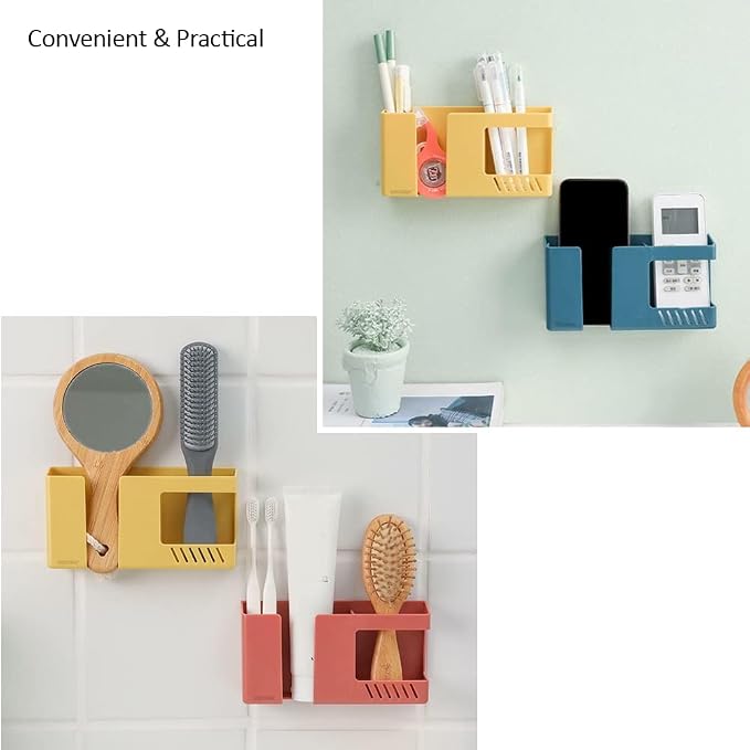 Strong Adhesive Wall Mount Phone Holder D3 Punch-Free Bedside Phone Shelf with Charging Port, Sticky Remote Control Storage Box, Bathroom & Kitchen Wall Organizer (2 Pack-Blue)