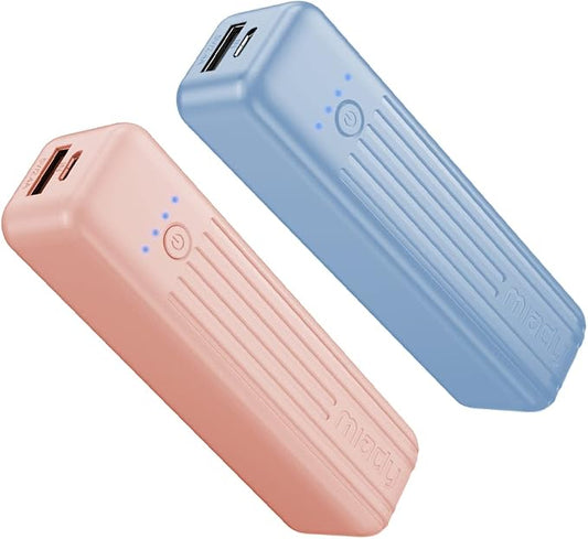Miady 2-Pack Small Portable Charger 5000mAh Power Bank Travel Battery Pack | Dual USB丨Pocket Size丨Lightweight丨for Backpack丨Compatible with iPhone Android etc丨18.5Wh丨Flight-Safe丨Ultra-Compact丨Blue+Pink