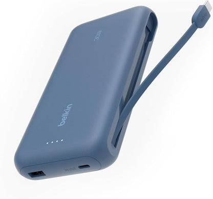 Belkin Power Bank with Integrated Cable, Fast Charging USB-C, 20000 mAh 30W, Portable Charger Power Bank USB C for iPhone 17, Air, Pro, Pro Max, iPad, AirPods, Apple Watch, Galaxy S25, & More - Blue